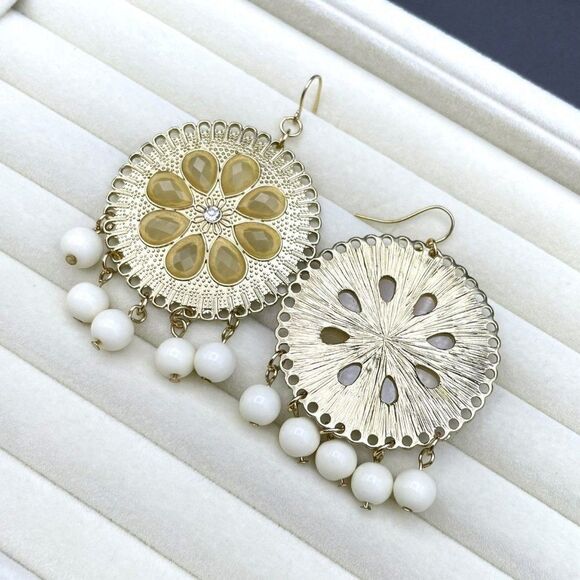 Yellow Gold with Champagne Crystal and White Beaded Medallion Hook Earrings - Picture 8 of 10